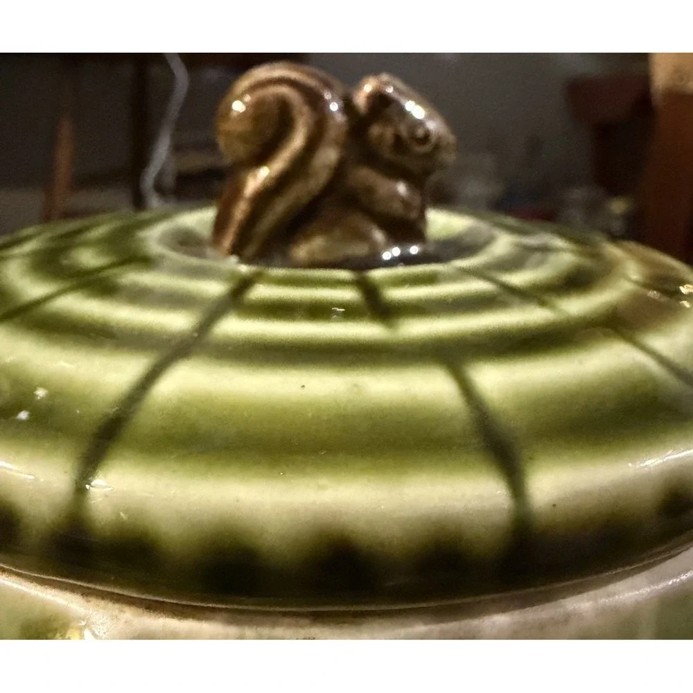 Woodland Deer Cookie Jar Ceramic Green Glaze Squirrel Lid Forest Canister Vtg
